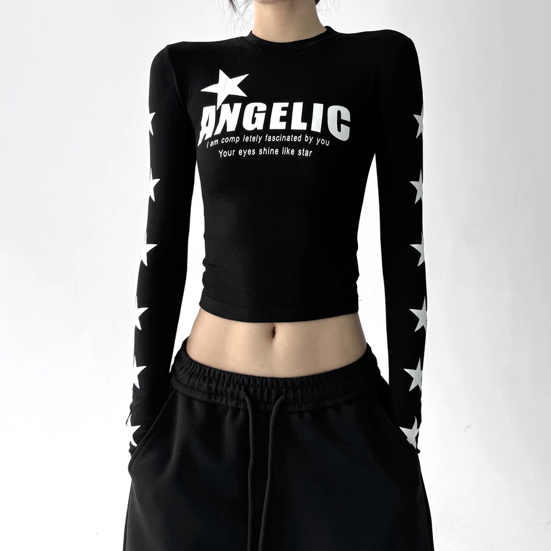 2025覆古辣妹字母印花长袖T恤女秋季新款美式黑修身显瘦打底上衣