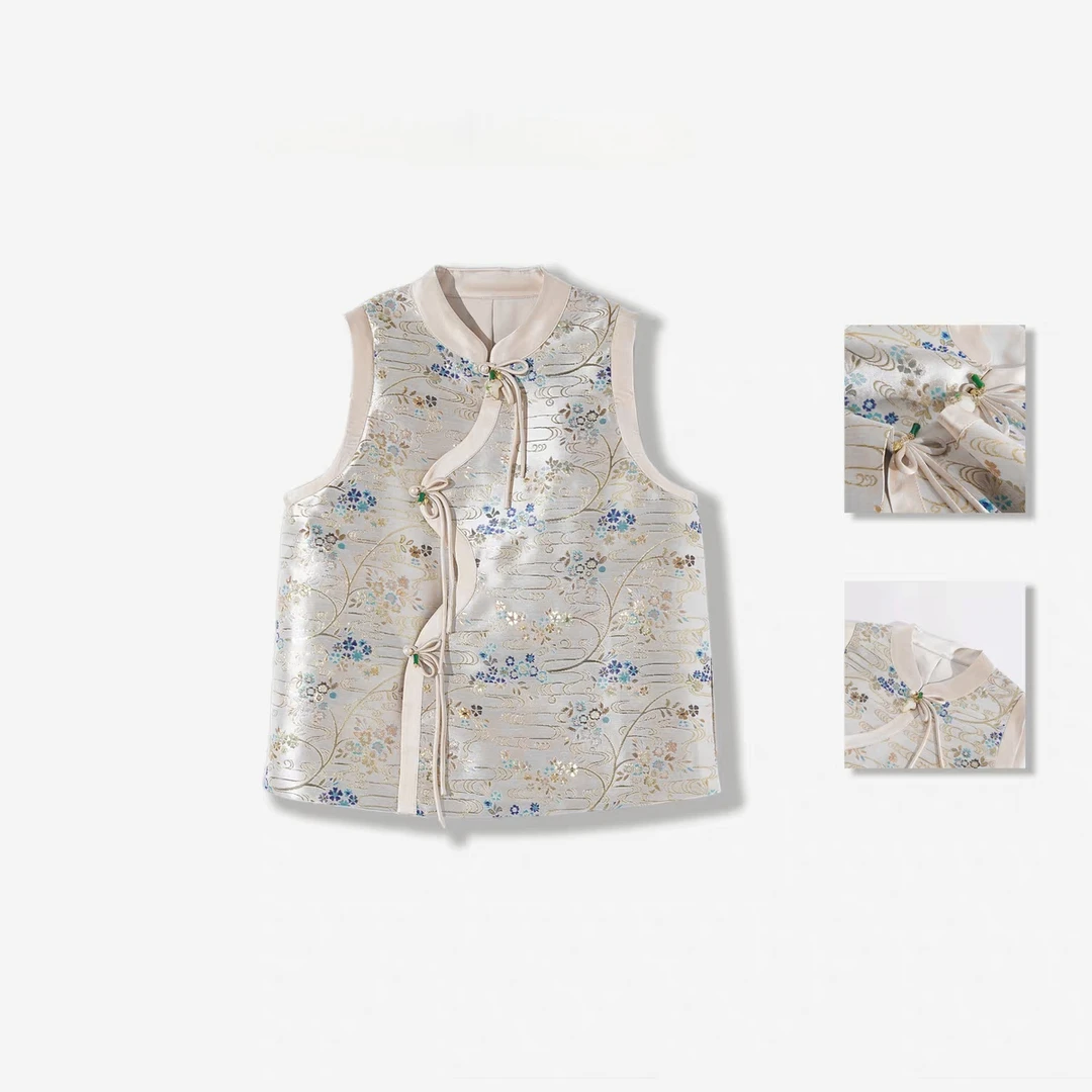玲姐定制-新中式马夹新款不规则彩色织花早春立领背心188929