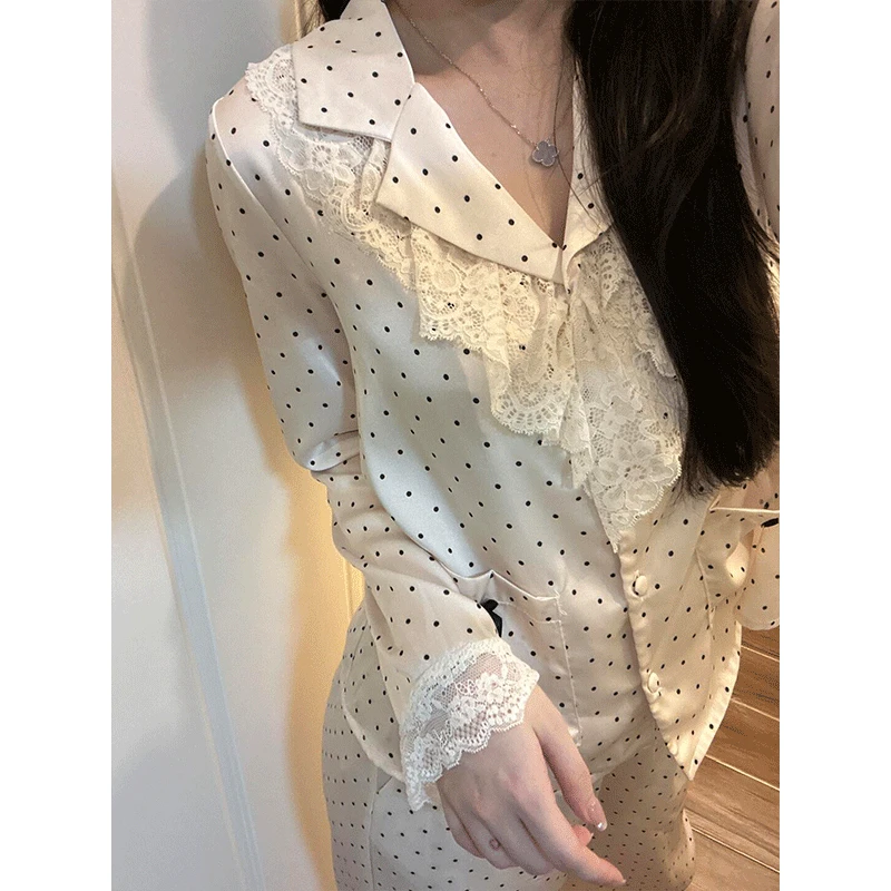 法式甜美蕾丝波点冰丝睡衣女春秋新款开衫长袖长裤家居服大码套装