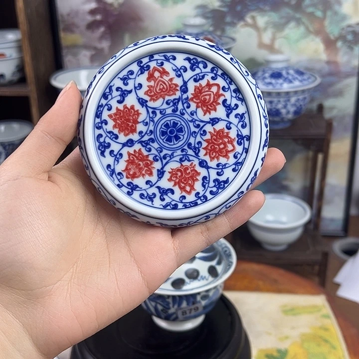 陶杯子缠枝莲釉里红盖置