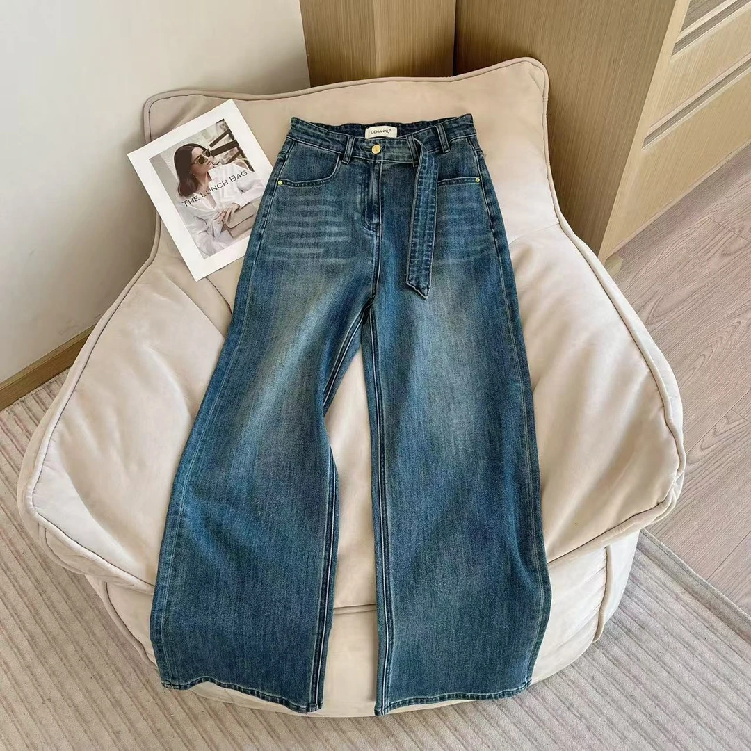 嘉嘉推荐【直筒裤】26810 春季高腰显瘦腰带设计感水洗直筒牛仔裤