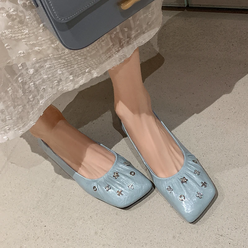 范戈希牛皮跟高3CM温柔春季浅口单鞋法式方头玛丽珍内增高买1赠3