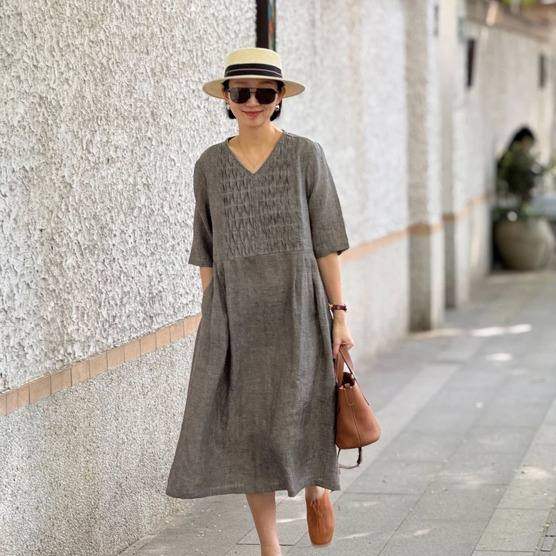 （YY推荐）松弛有度 千鸟格宽松纯色时尚夏季新款设计师款裙子