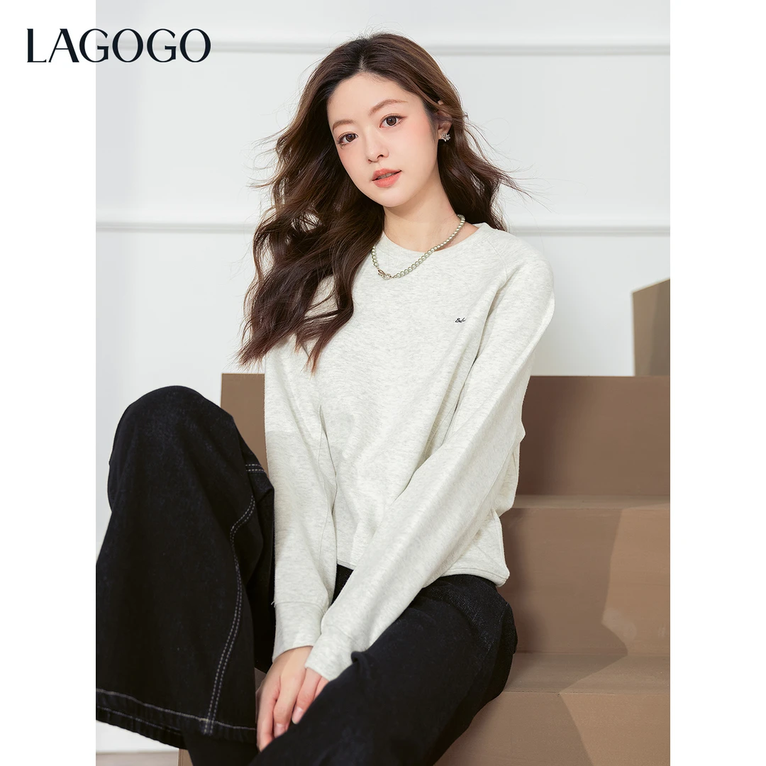 【芋总专属】lagogo拉谷谷新款简约浅灰圆领通勤卫衣女OCEE419G55