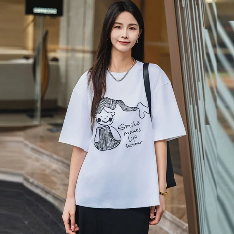【商场同款】圆领潮搭卡通微笑女孩字母印花短袖T恤纯棉上衣 130092
