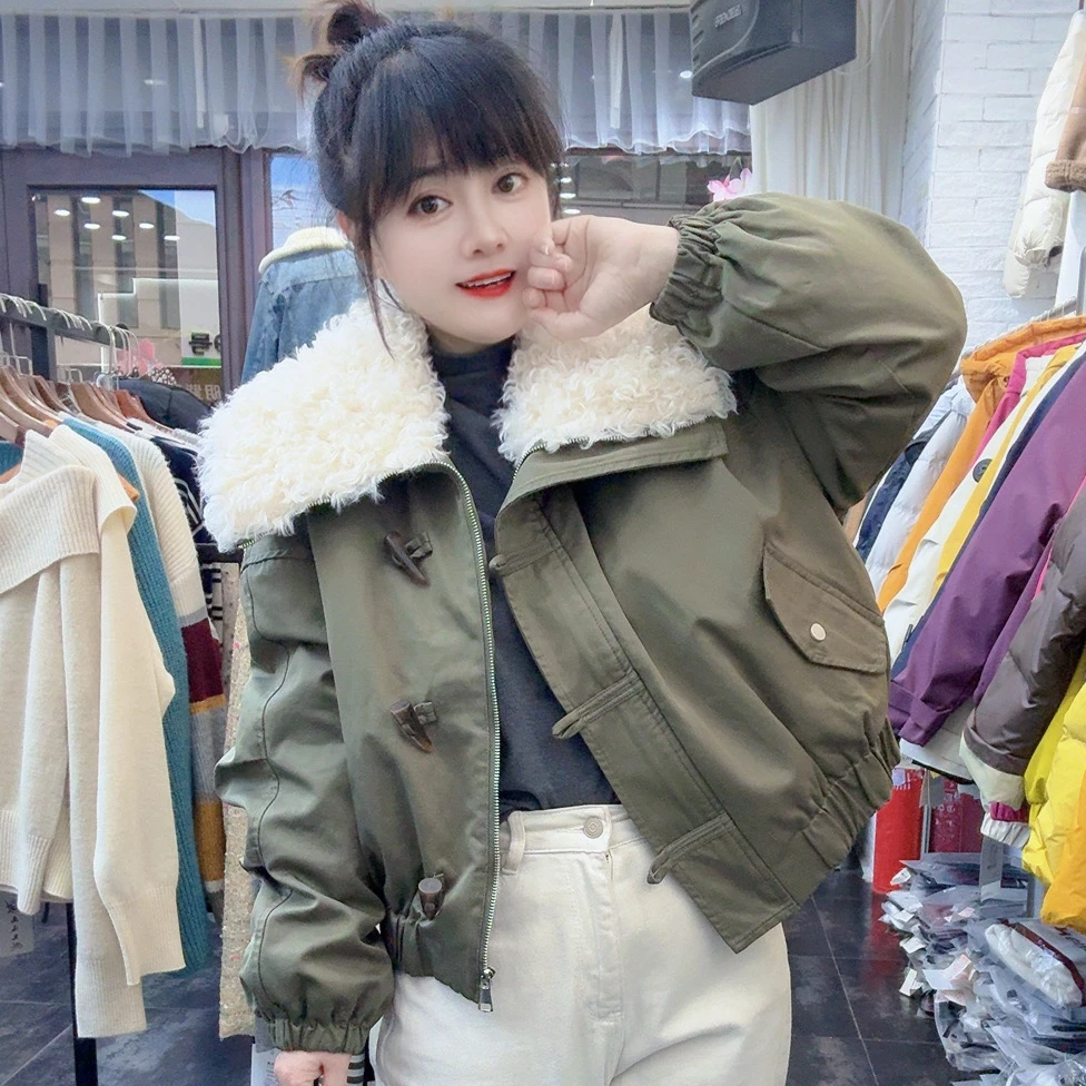 冬季新品大毛翻领机车风洋气韩版设计感减龄羽绒服高档棉衣棉服女