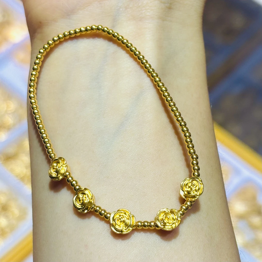 【水贝供应链】足金999黄金五花浪漫玫瑰花金珠串