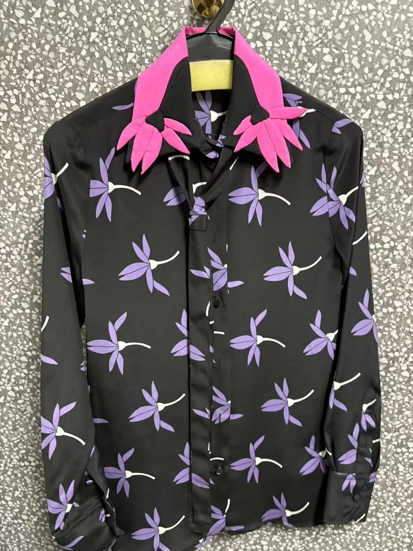 手工提花领修身型常规小清新蝴蝶女衬衫印花休闲