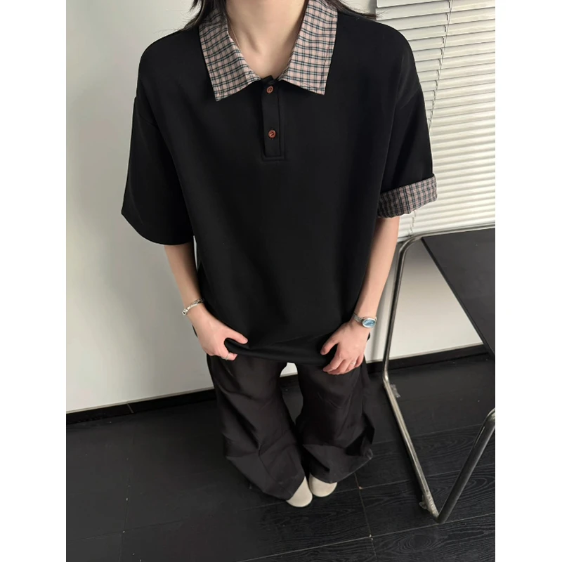 假两件格子拼接polo衫男夏季美式复古潮牌重磅短袖衬衫领正肩t恤