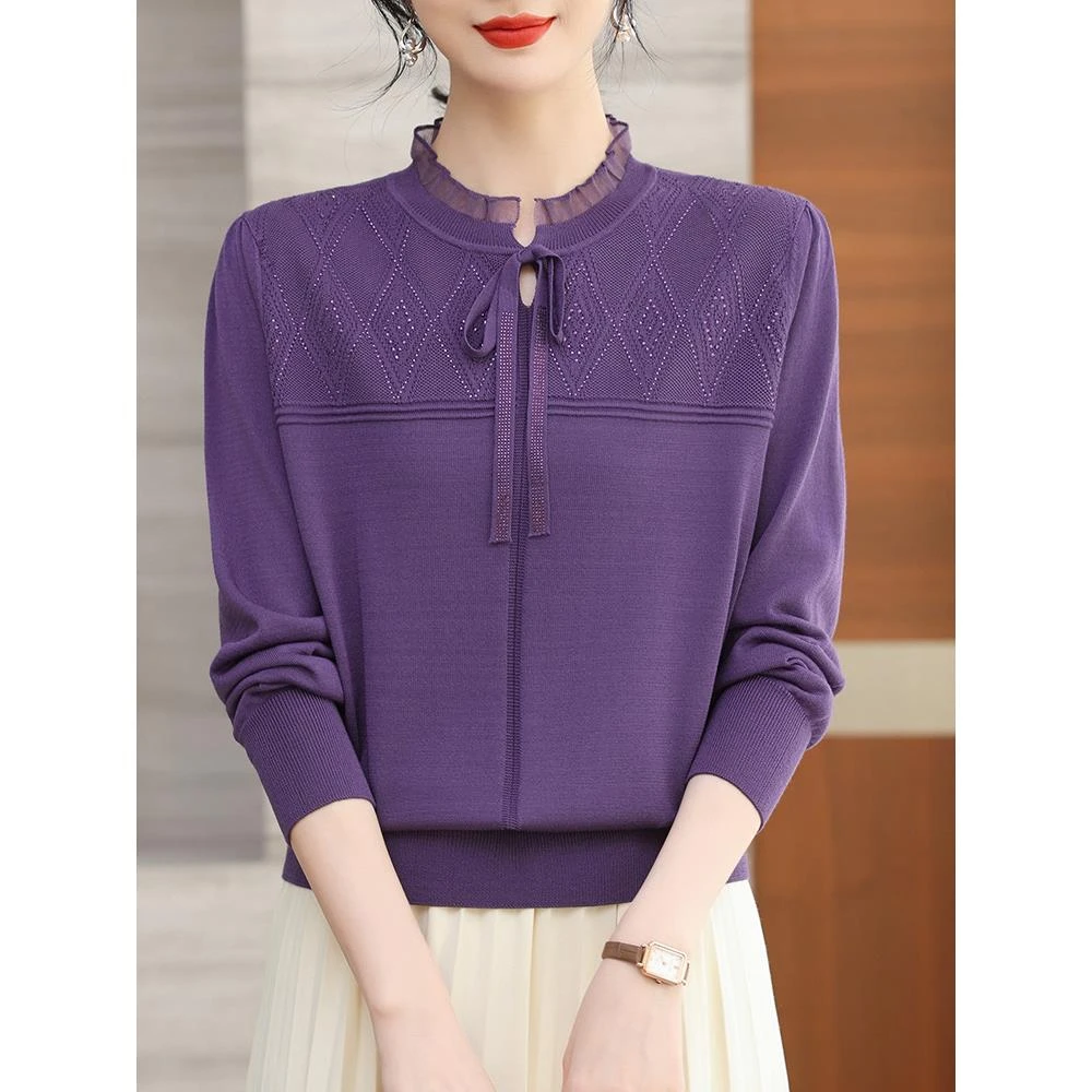 蕾丝领针织衫春装女款2025年新款洋气妈妈紫色上衣女士打底衫春秋