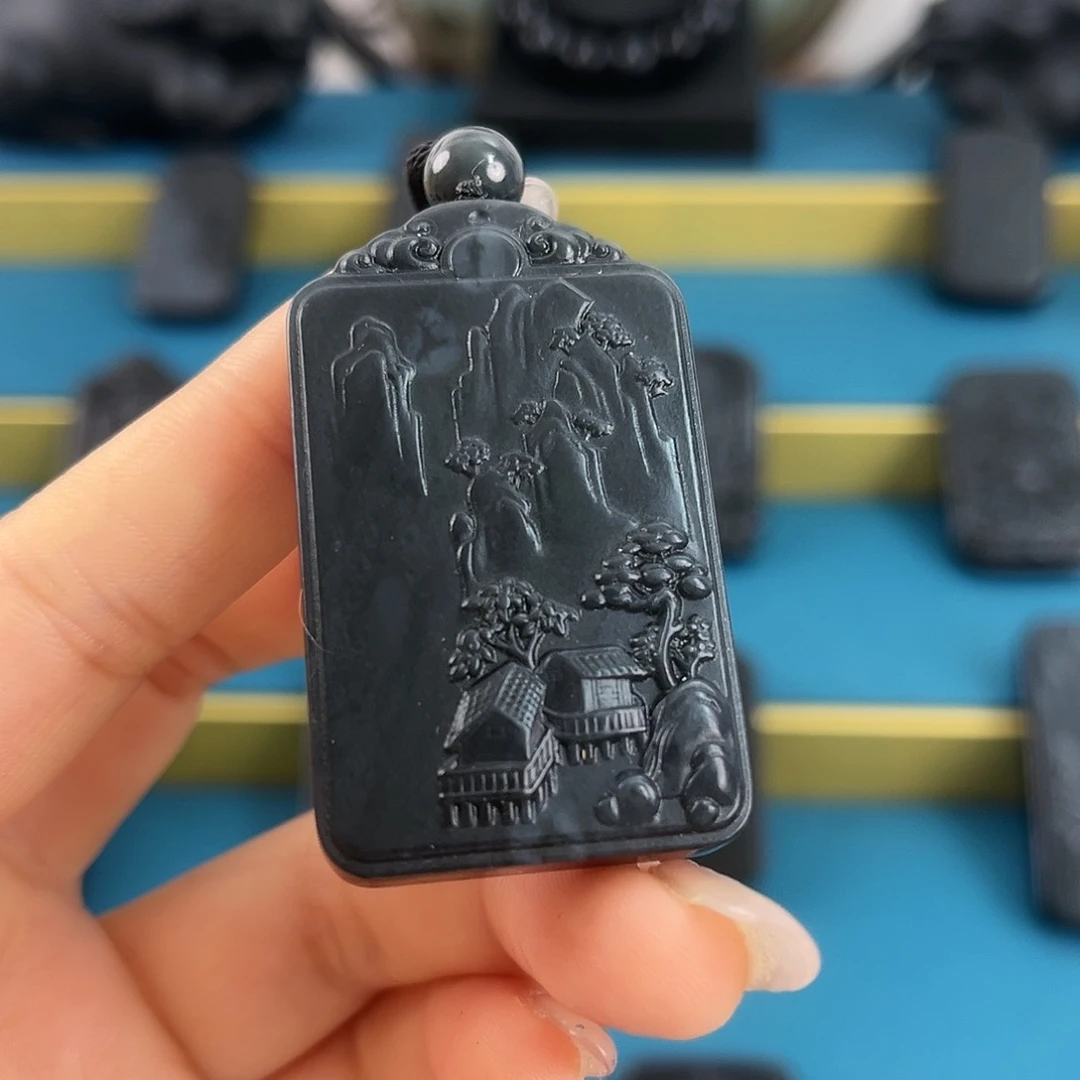 和田玉（墨玉）山水牌未镶嵌