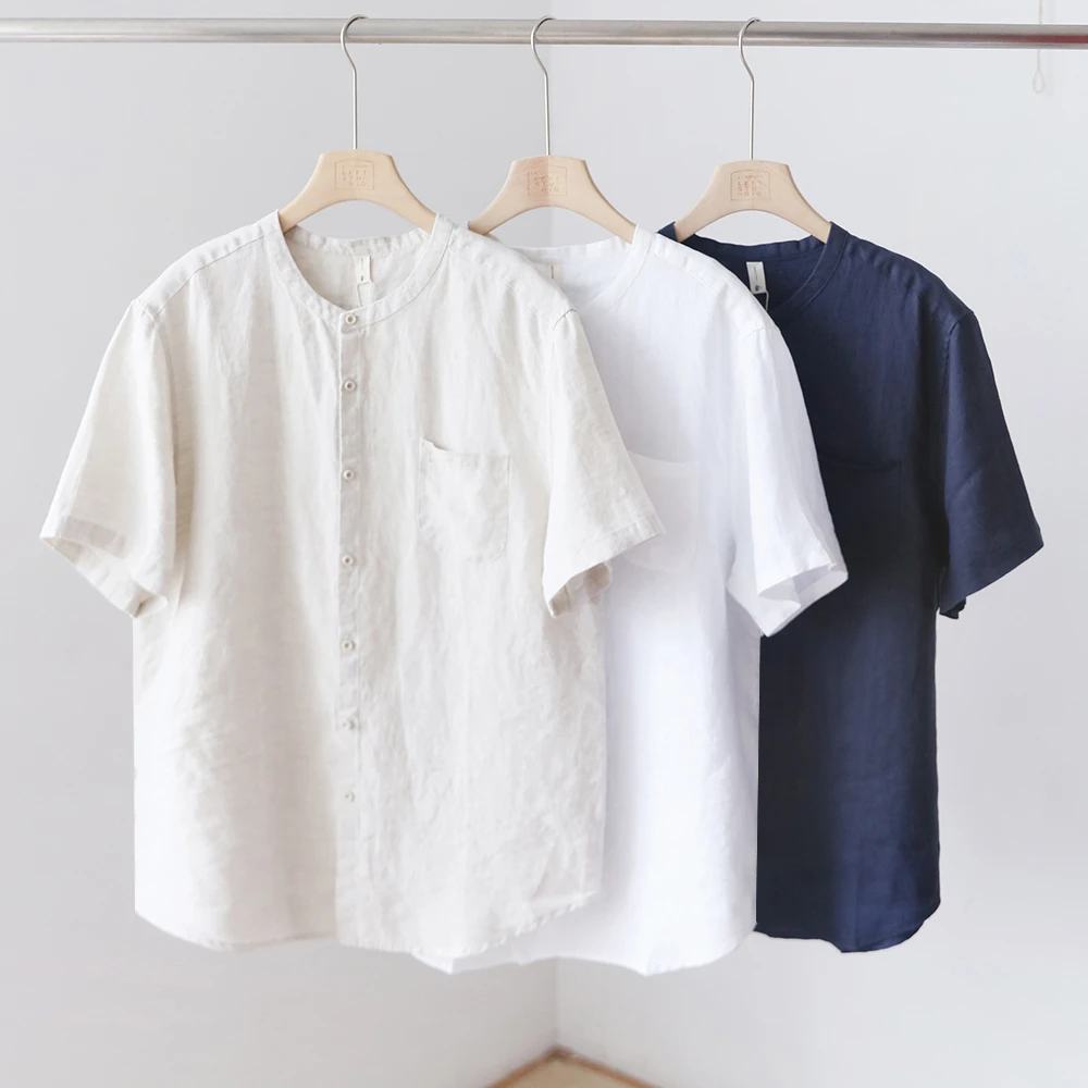 复古圆领单口袋男士亚麻短袖衬衫夏季薄款舒适透气纯色衬衣 F5306