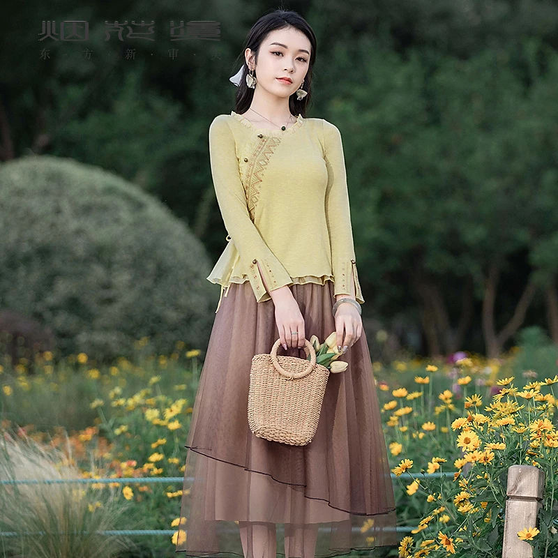 烟花烫国风气质小个子套装女春秋长袖上衣半身裙a字裙 野稚稚野