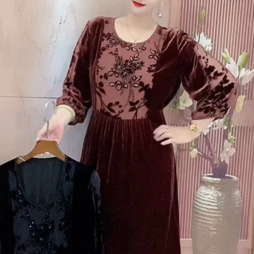 秋季丝绒长款七分袖女士连衣裙大气优雅