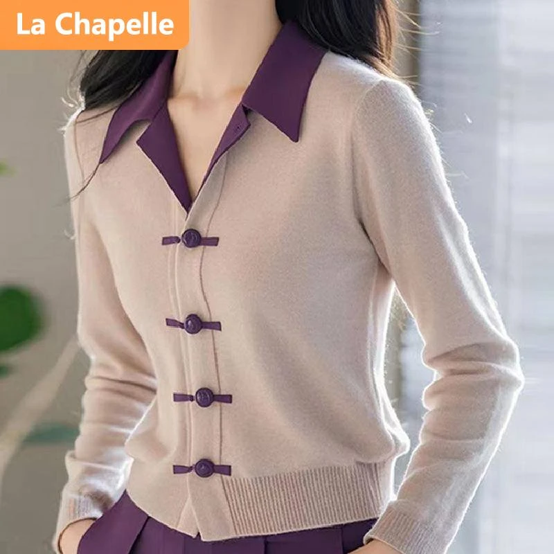 拉夏贝尔早秋盘扣撞色新中式简约通勤时尚POLO领毛针织衫低领上衣