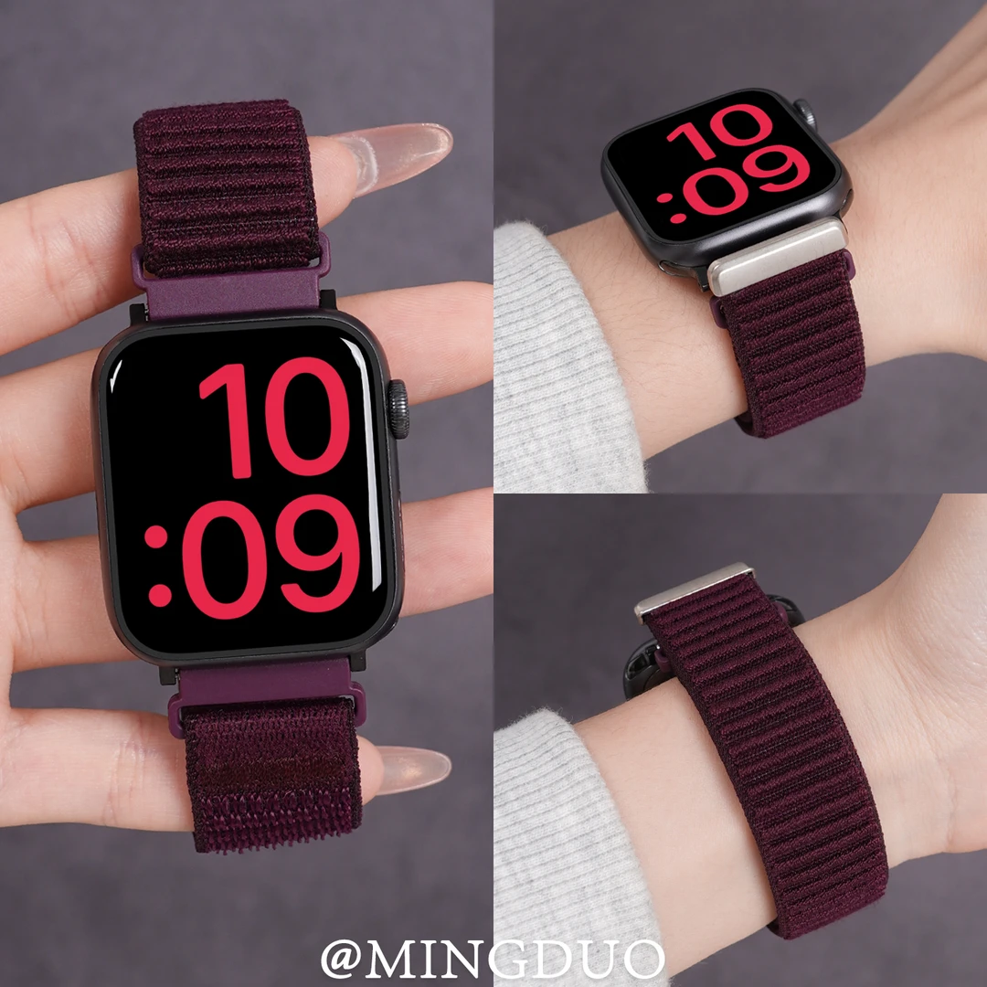 鸣铎适用苹果iwatch10表带烟紫色s9尼龙s8魔术贴s7男Ultra2腕带SE
