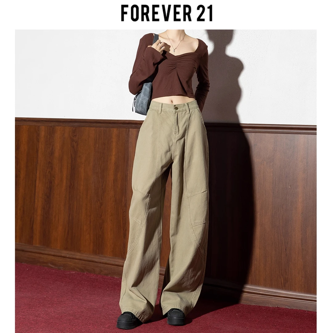 Forever 21咖色美式复古垂感拖地弯刀女宽松休闲百搭阔腿牛仔裤子