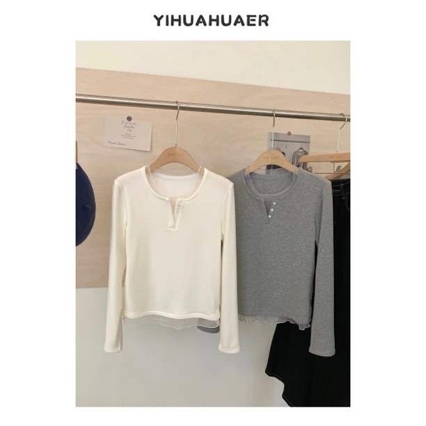 东大门韩版新款小众设计感休闲V领网纱拼接韩系慵懒风T恤4419