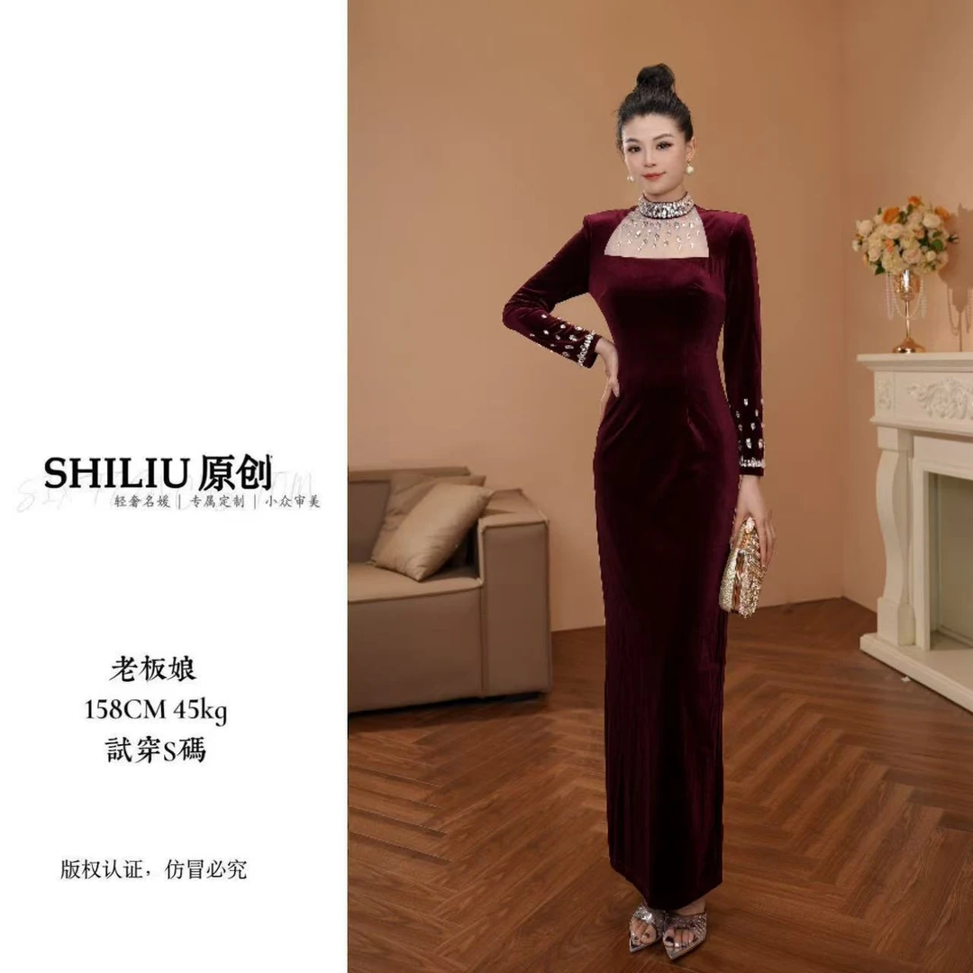 【十六定制】主持人宴会晚礼服名媛气质重工镶钻丝绒连衣裙9762