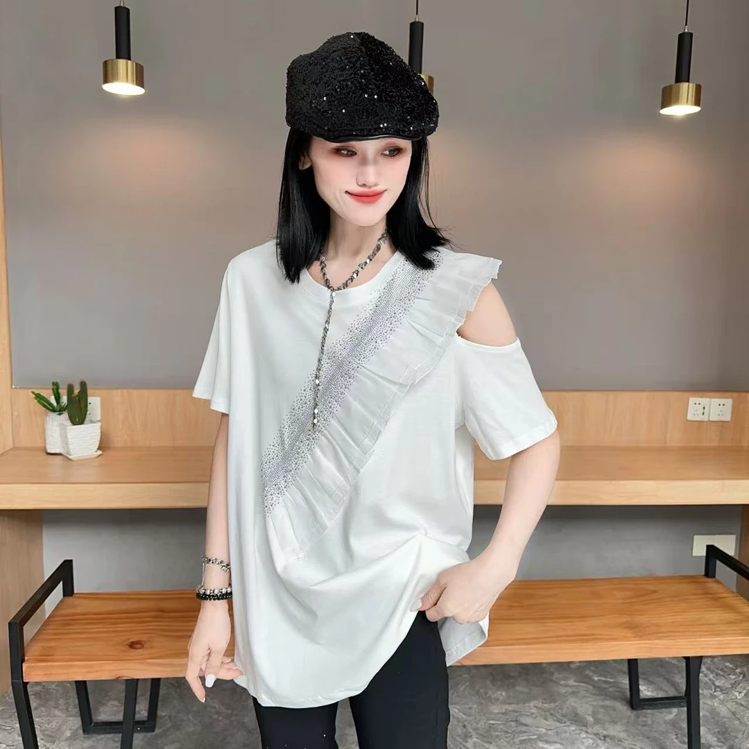 【YJ·高定】2025春夏蕾丝珠片设计感宽松显瘦百搭露肩半袖女 YY1909