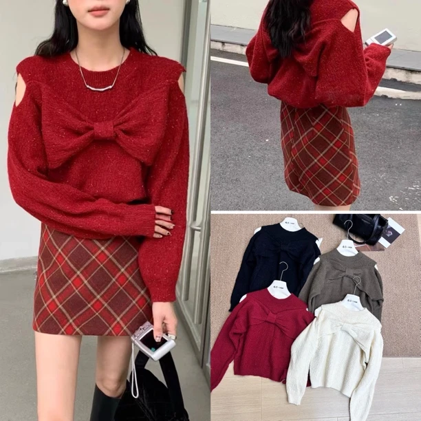 薇莎860【现货】两面蝴蝶结露肩毛衣