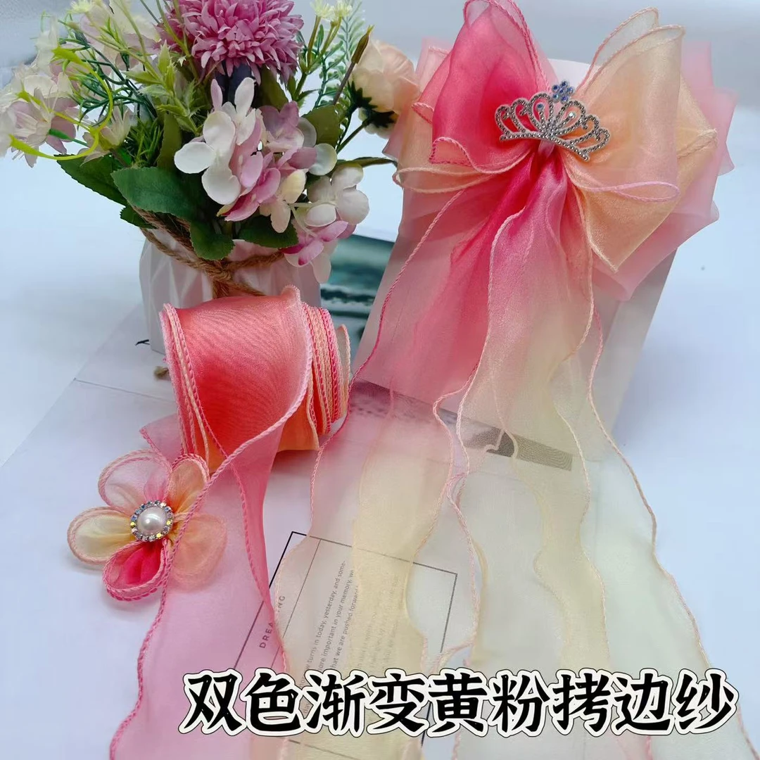 朵朵饰品   (非成品)双色渐变拷边纱发饰diy材料蝴蝶结带子