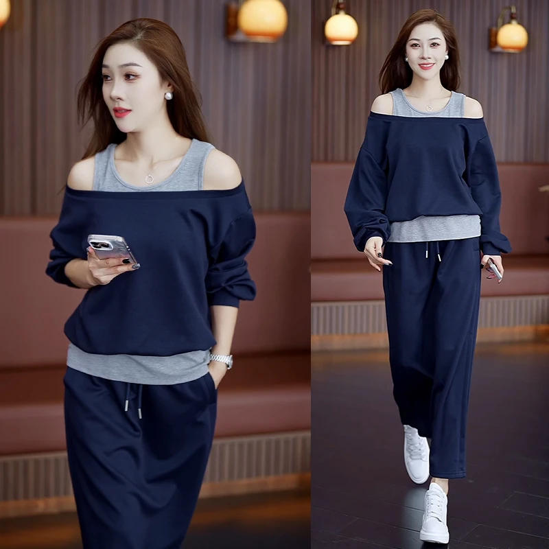 早秋时尚慵懒风百搭假两件背心卫衣高腰半身裙宽松韩版休闲两件套