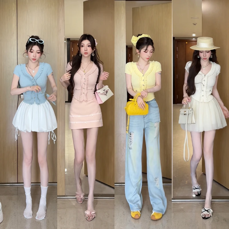 小雨姐姐夏款【甜筒短袖】时尚设计感V领木耳边修身短袖针织T恤新款