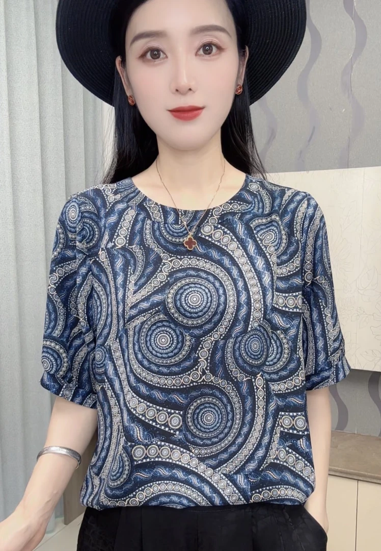 [梦幻蓝色]2025夏季新款圆领时尚遮肉显瘦小衫洋气百搭短袖上衣