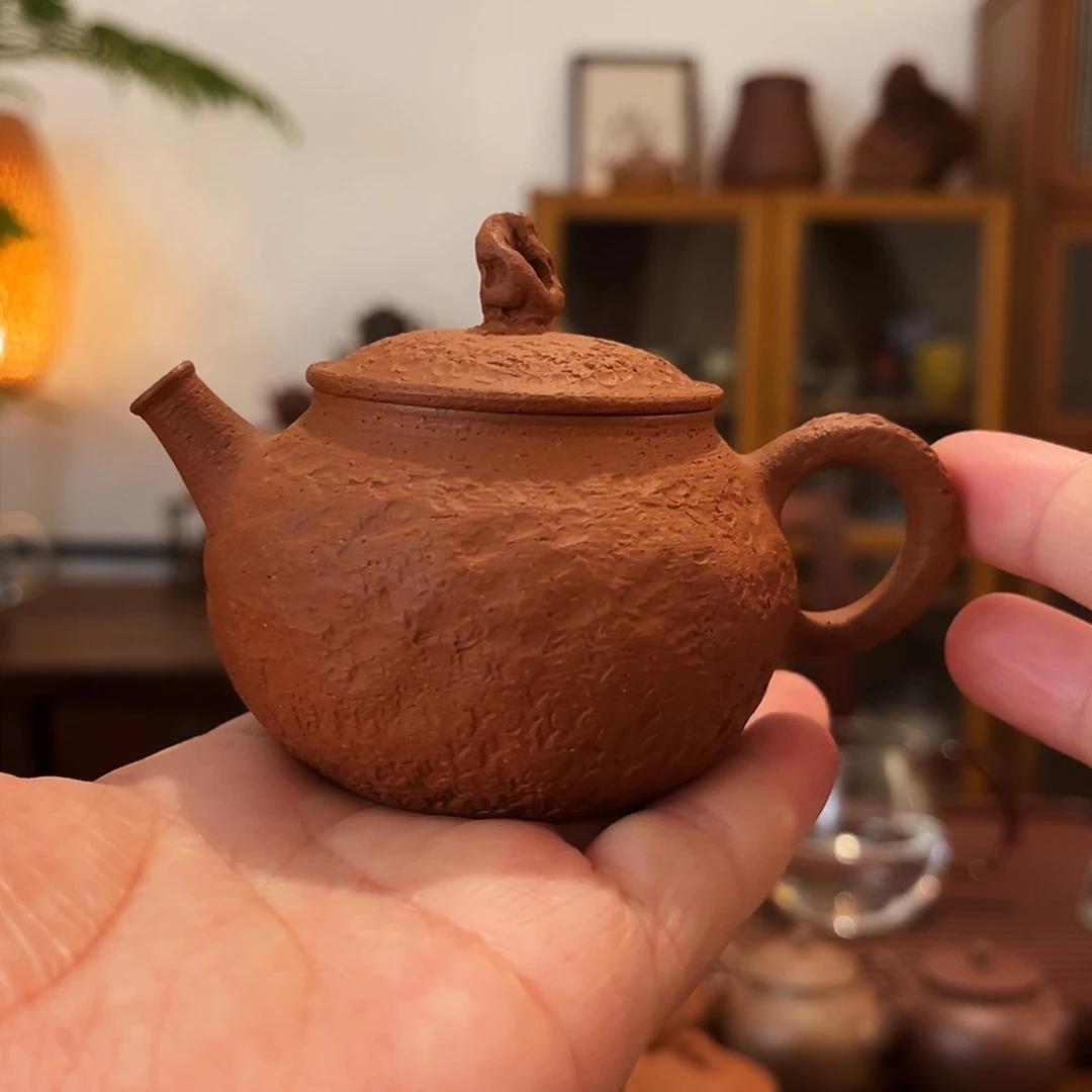 紫砂茶壶太湖石手拉壶系列95ml鱼籽朱泥宽