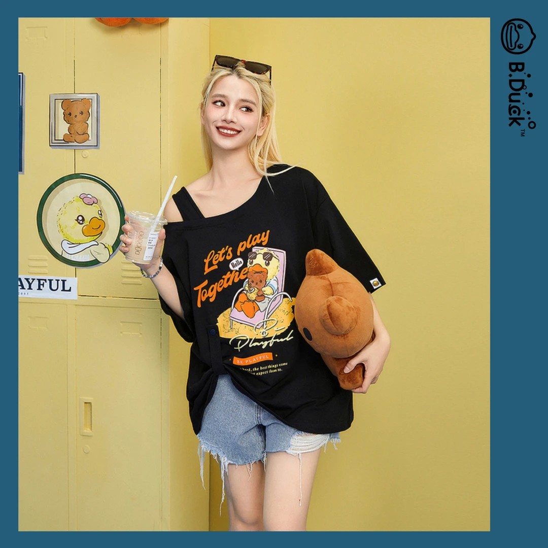 你格美设计感洋气露肩黑色短袖t恤夏季大码胖mm遮肚显瘦斜肩上衣