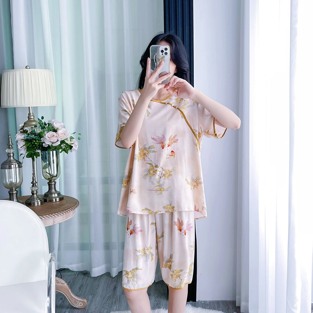 棉夏季绸睡衣女短袖短裤人造棉绵绸薄款家居服夏新中式凉感可外穿
