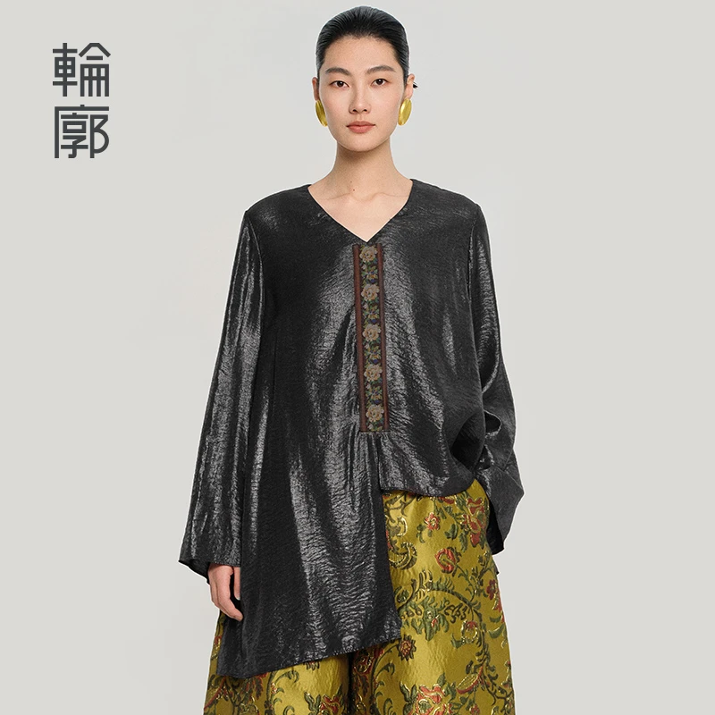 轮廓夜华L251Y055正肩衬衫T恤上衣中式百搭肌理感显瘦不规则春款