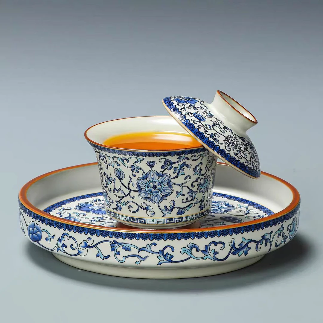 青花缠枝莲三才盖碗可悬停旋转泡茶碗杯高档陶瓷茶具家用泡茶0902