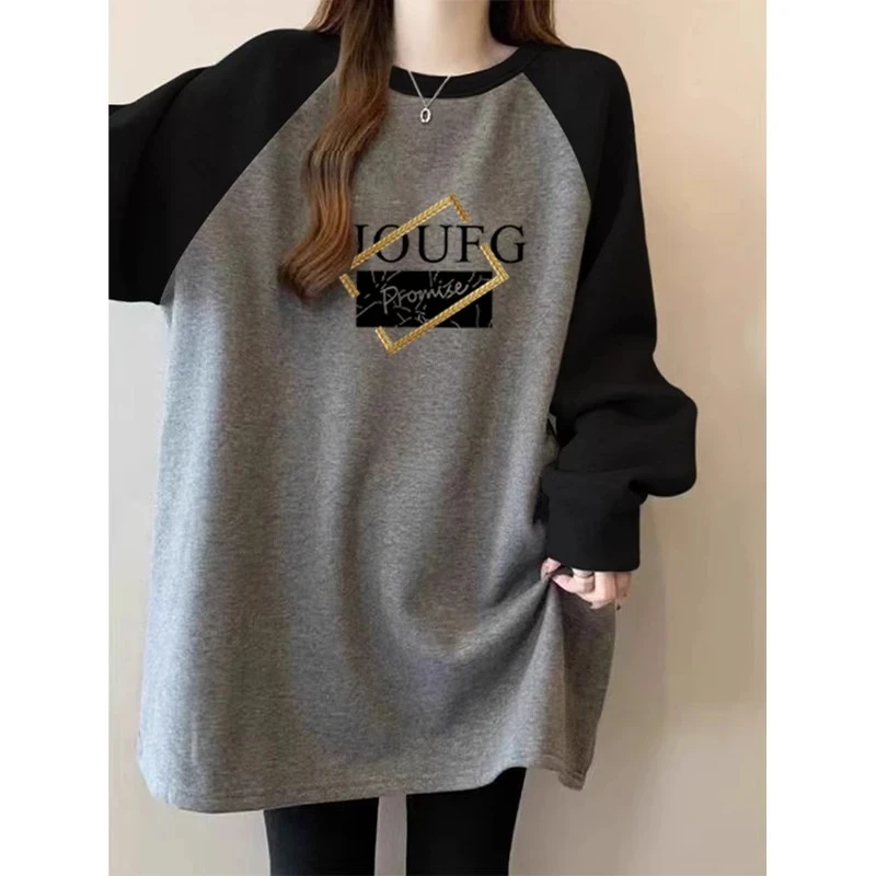 德绒插色中长款圆领长袖t恤女小众设计感宽松显瘦百搭上衣打底衫