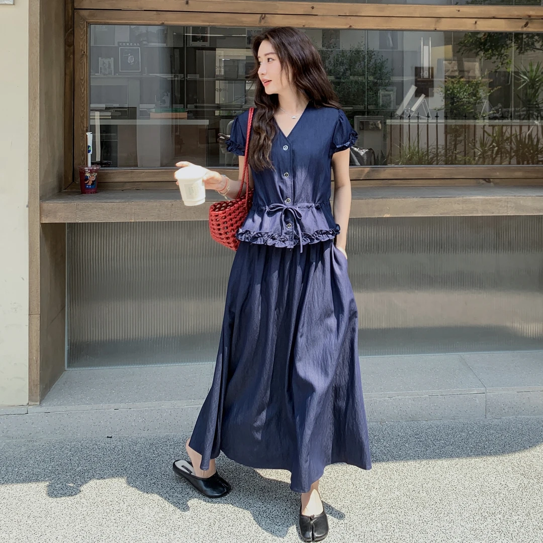 法式藏青色花边衬衫半身裙套装女夏2025新款两件套大方得体巨好看