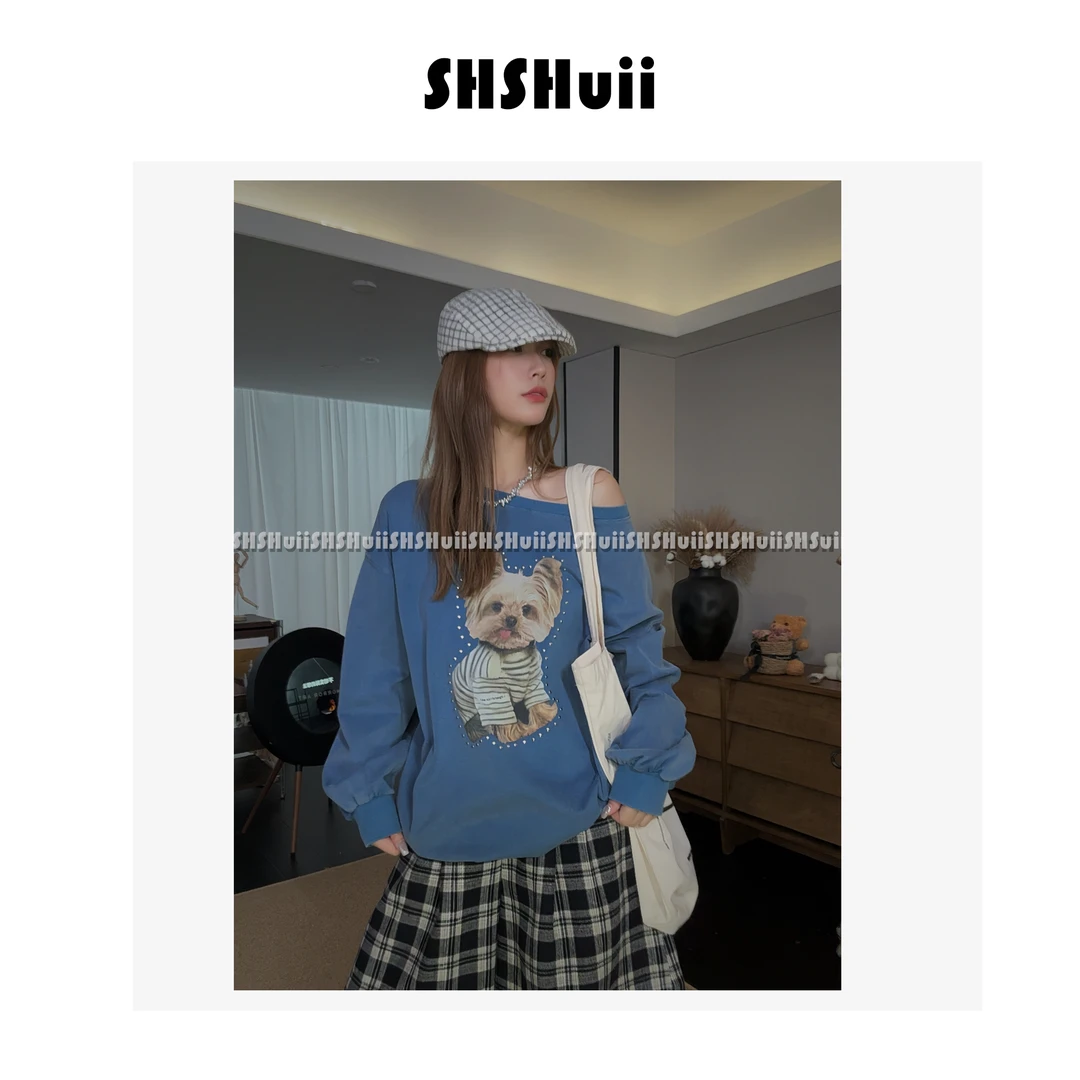 IN.SHuii【艳阳小狗】设计感斜肩卡通小狗印花长袖卫衣