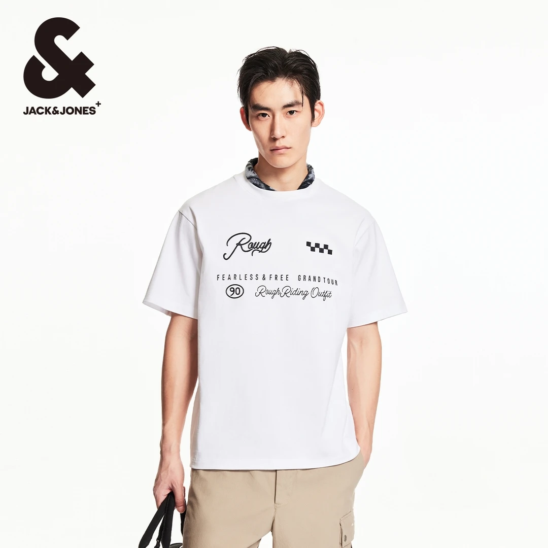 杰克琼斯秋季新款时尚刺绣字母印花纯棉宽松休闲圆领短袖上衣男装