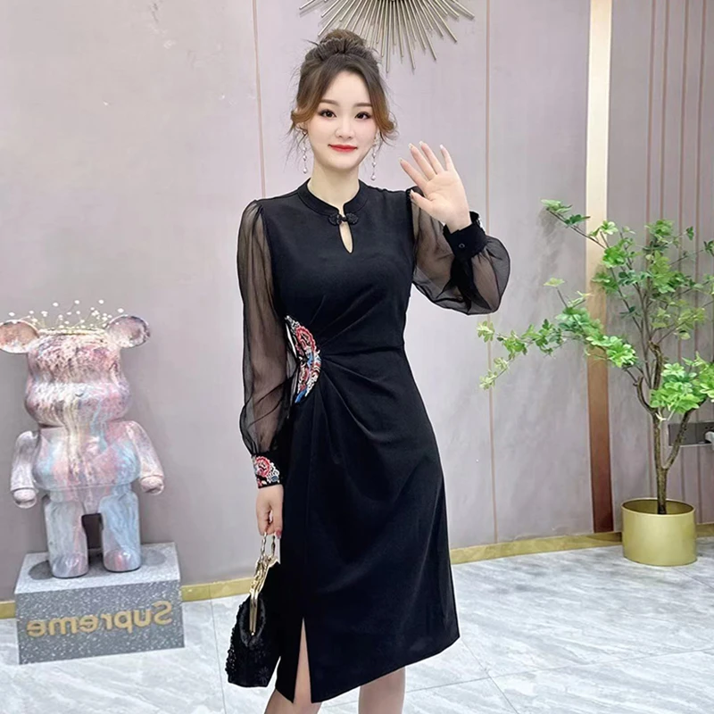 【胜佳】连衣裙2025秋季新款黑色国风名媛高级感收腰显瘦A8119