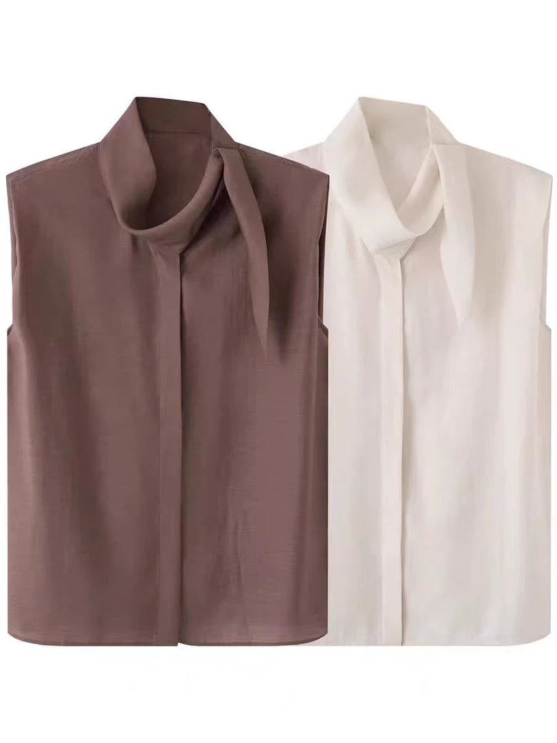 艾家同款2025新款时尚飘带纯色无袖式显瘦衬衫上衣503016