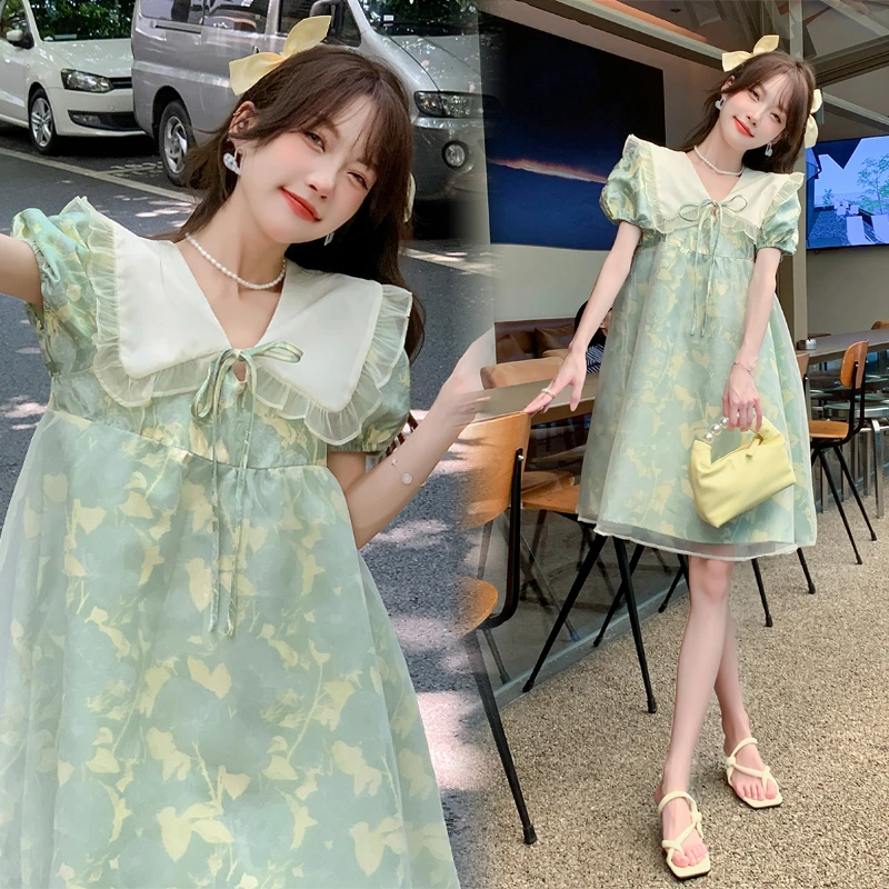 2025夏季荷叶边娃娃领在逃公主大码孕妇连衣裙碎花显瘦气质时尚