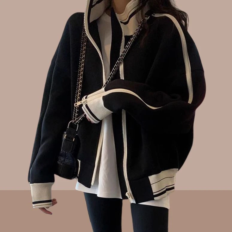 秋季拉链开衫卫衣外套女爆款2025新款爆款立领宽松慵懒风休闲上衣