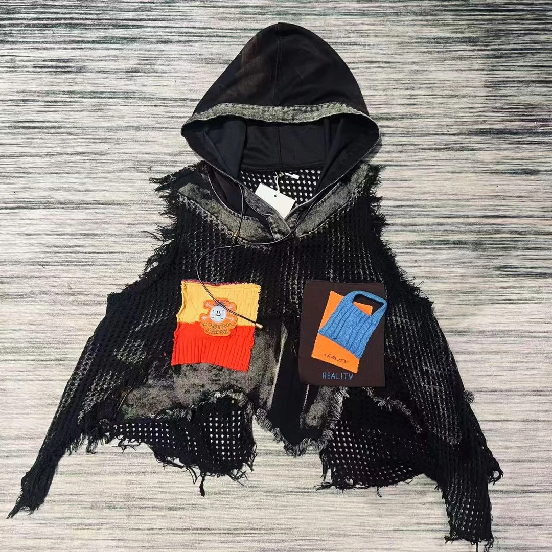 毛织拼牛仔不等式连帽马甲