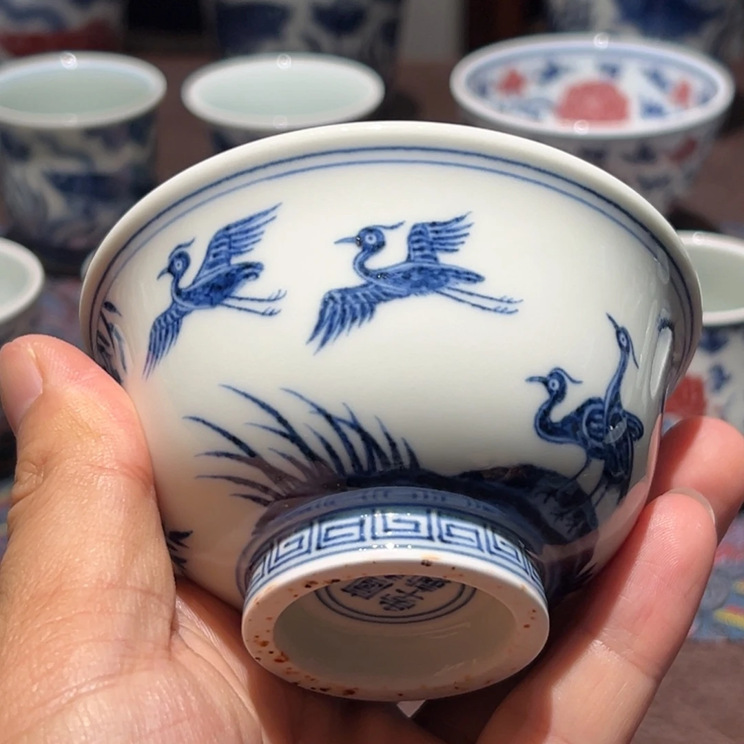 精品青花黄鹂一鹭压手杯口径约9.5厘米