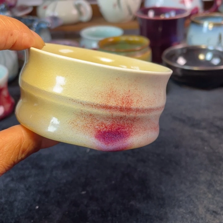 摆件玉石釉鸡油黄手工竹节杯