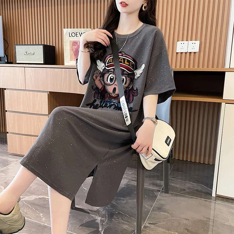 下摆开叉设计短袖T恤女夏季韩版宽松大码显瘦过膝亮闪闪连衣裙子