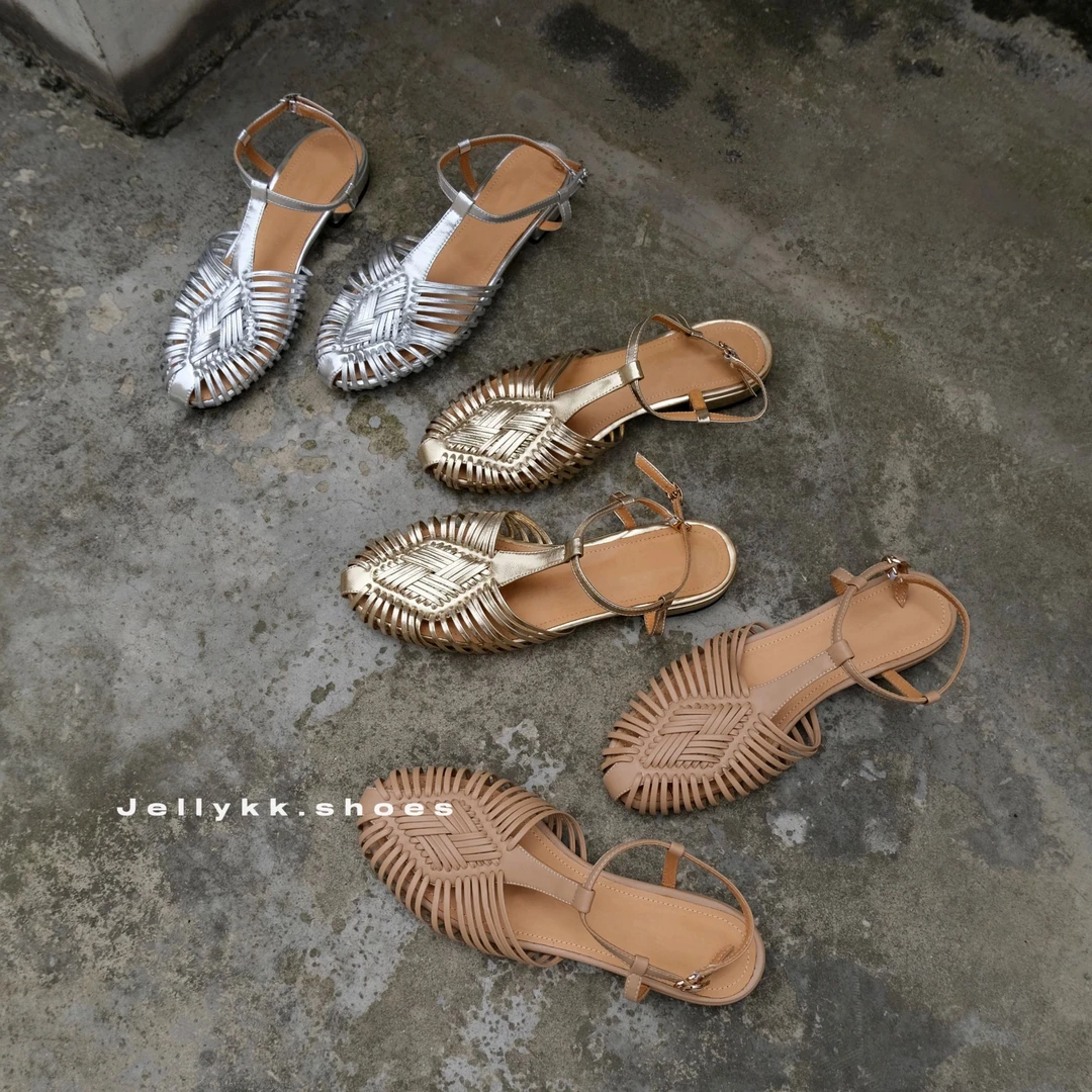 【Jellykk】3cm法式度假风编织真皮超软休闲百搭夏季圆头时装凉鞋