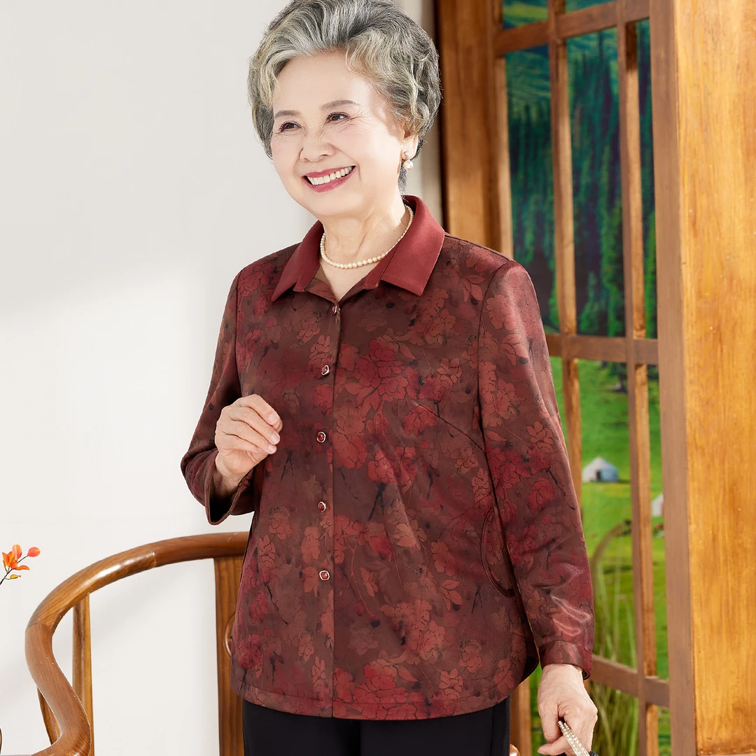 中老年人奶奶装秋款长袖衬衣老太太衣服薄款宽松妈妈装衬衫外套女