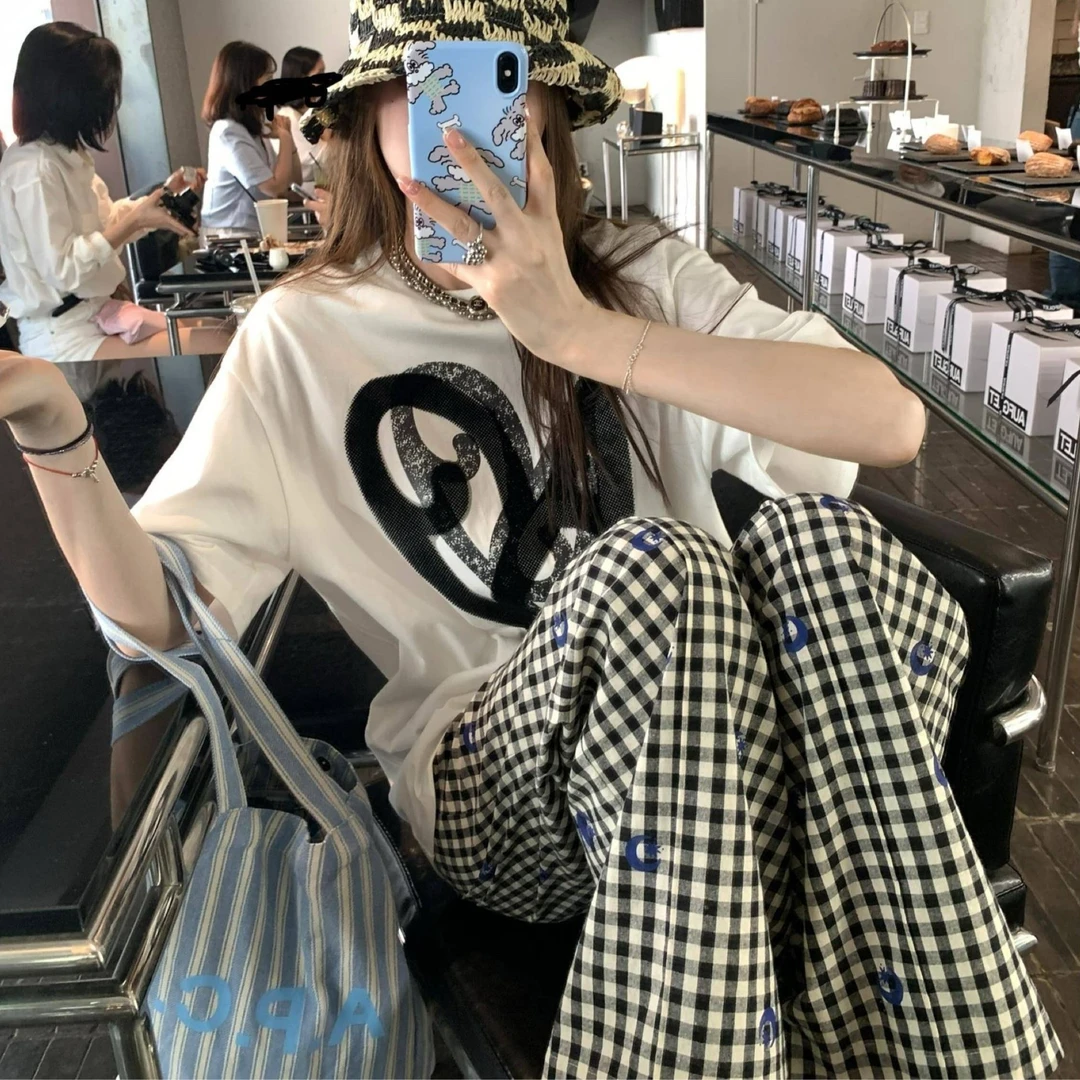 新款阔腿裤宽松高腰百搭加绒格子裤子男女直筒家居裤男女长裤K02