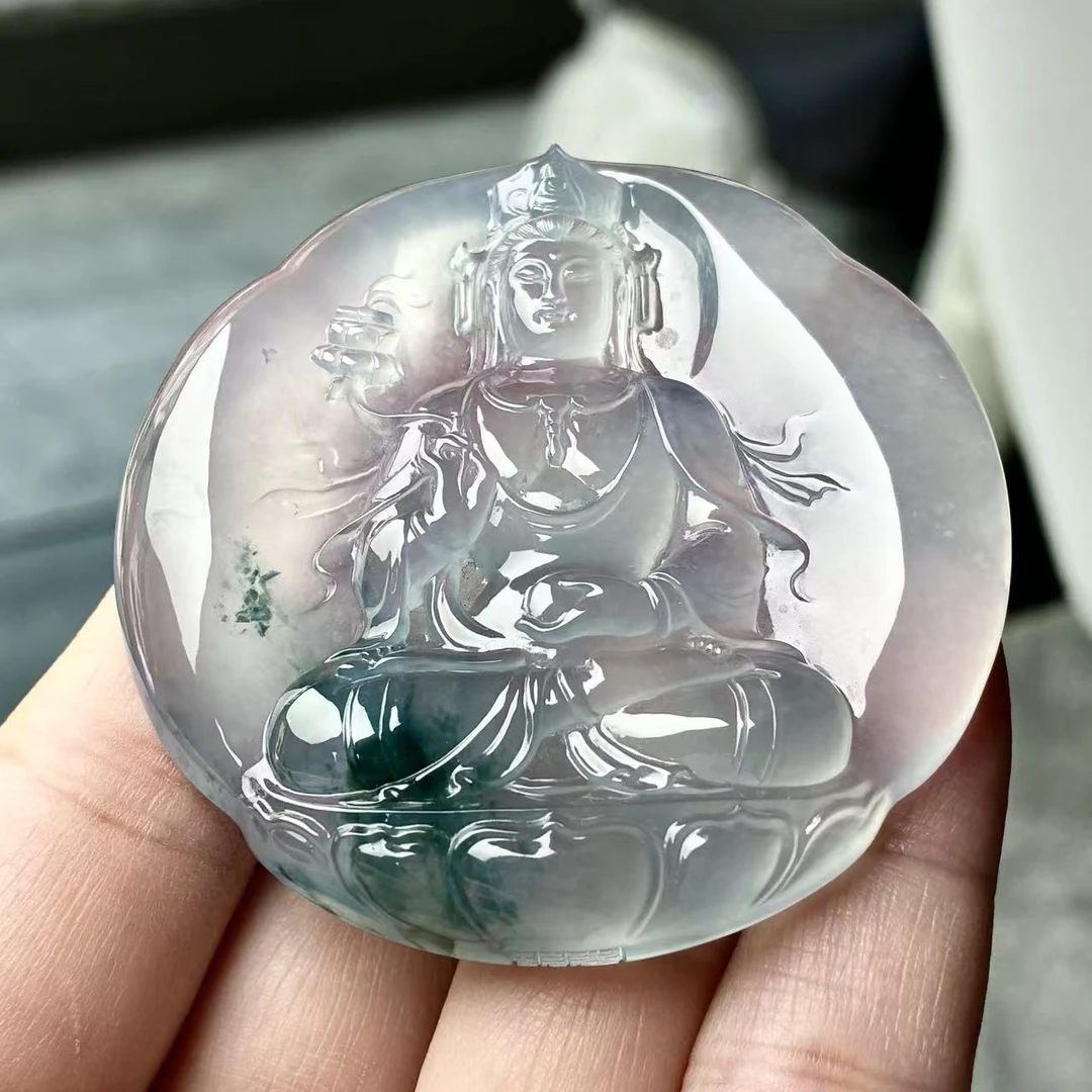 天然a货缅甸翡翠自然光高冰飘蓝花观音圆牌吊坠,尺寸55.5/7.3